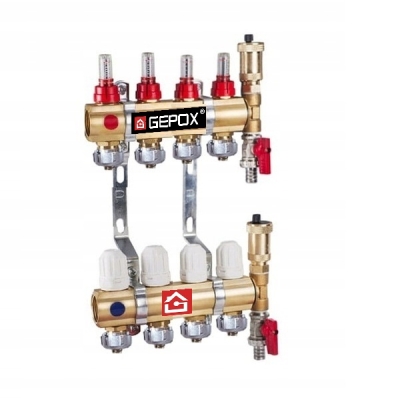 Rozdzielacz do podłogówki 4 obwody GEPOX mosieżny do ogrzewania podłogowego